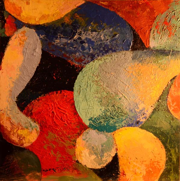 PLANETARY CIRCUS, 36 x 36 painted in acrylic paint and media on a wood panel by M Laucks